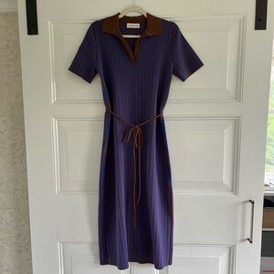 Tory Burch Striped Polo Knit Belted Midi Dress Chocolate Brown Electric Blue